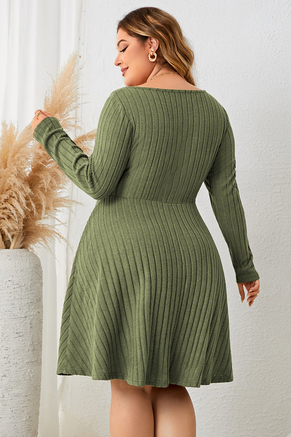 Sweetheart Neck Long Sleeve Ribbed Plus Dress