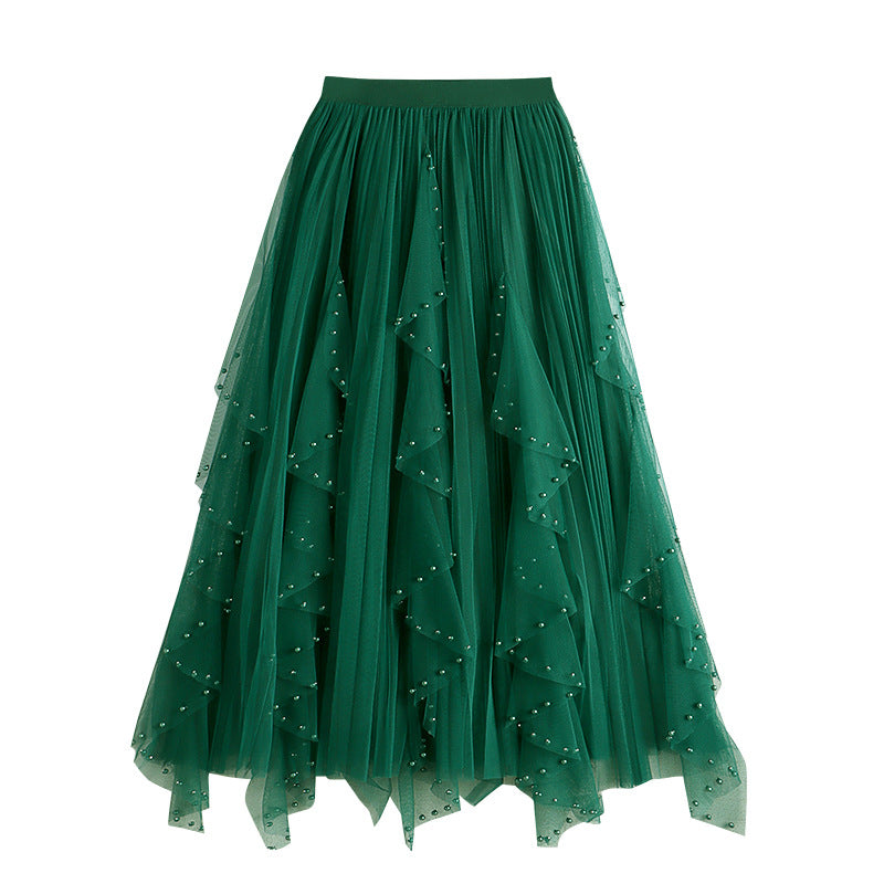 Mesh Beaded + Rhinestone Long A- Line Skirt