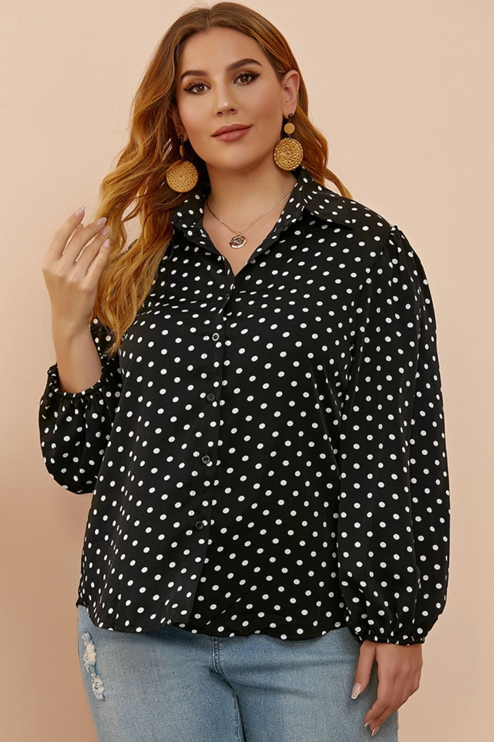 Polka Dot Long Sleeve Plus Shirt