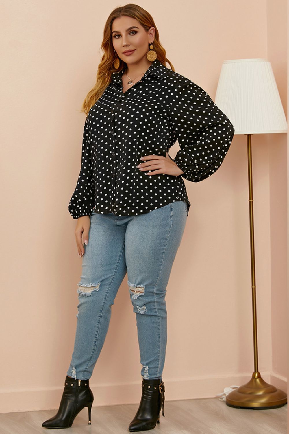 Polka Dot Long Sleeve Plus Shirt