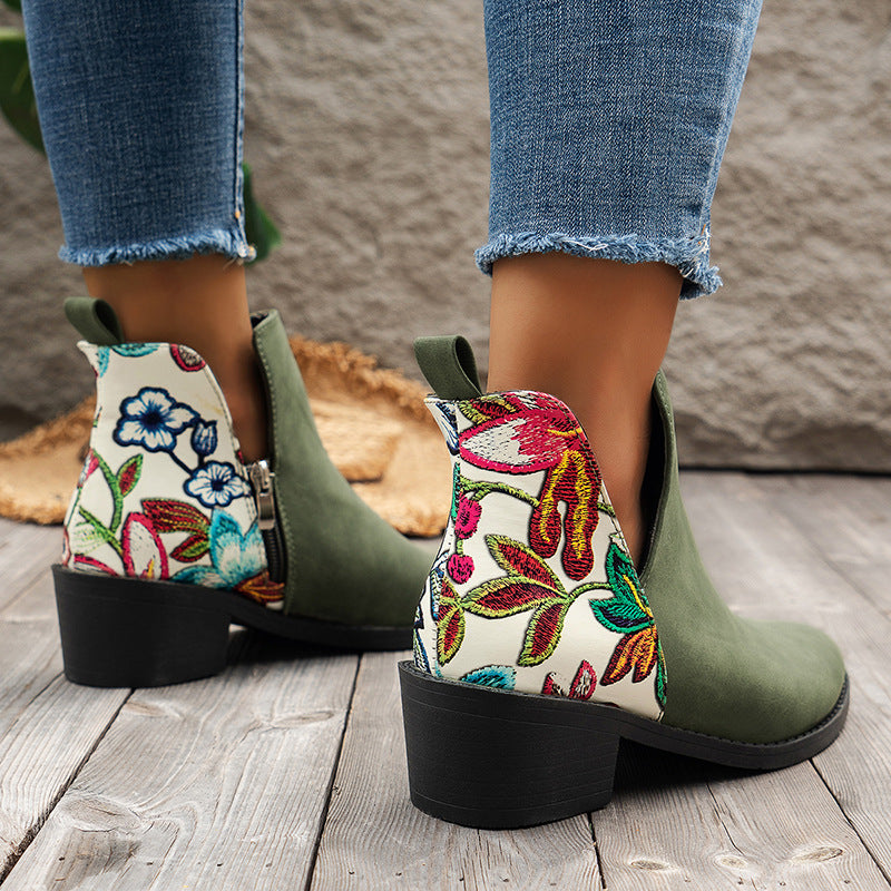 Flowers Printed Ankle Boots Side Zipper V-cut