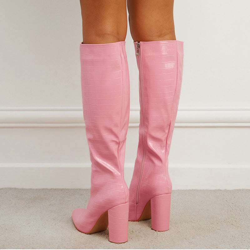 Pointed Toe High Square Heel Mid-Calf Boots