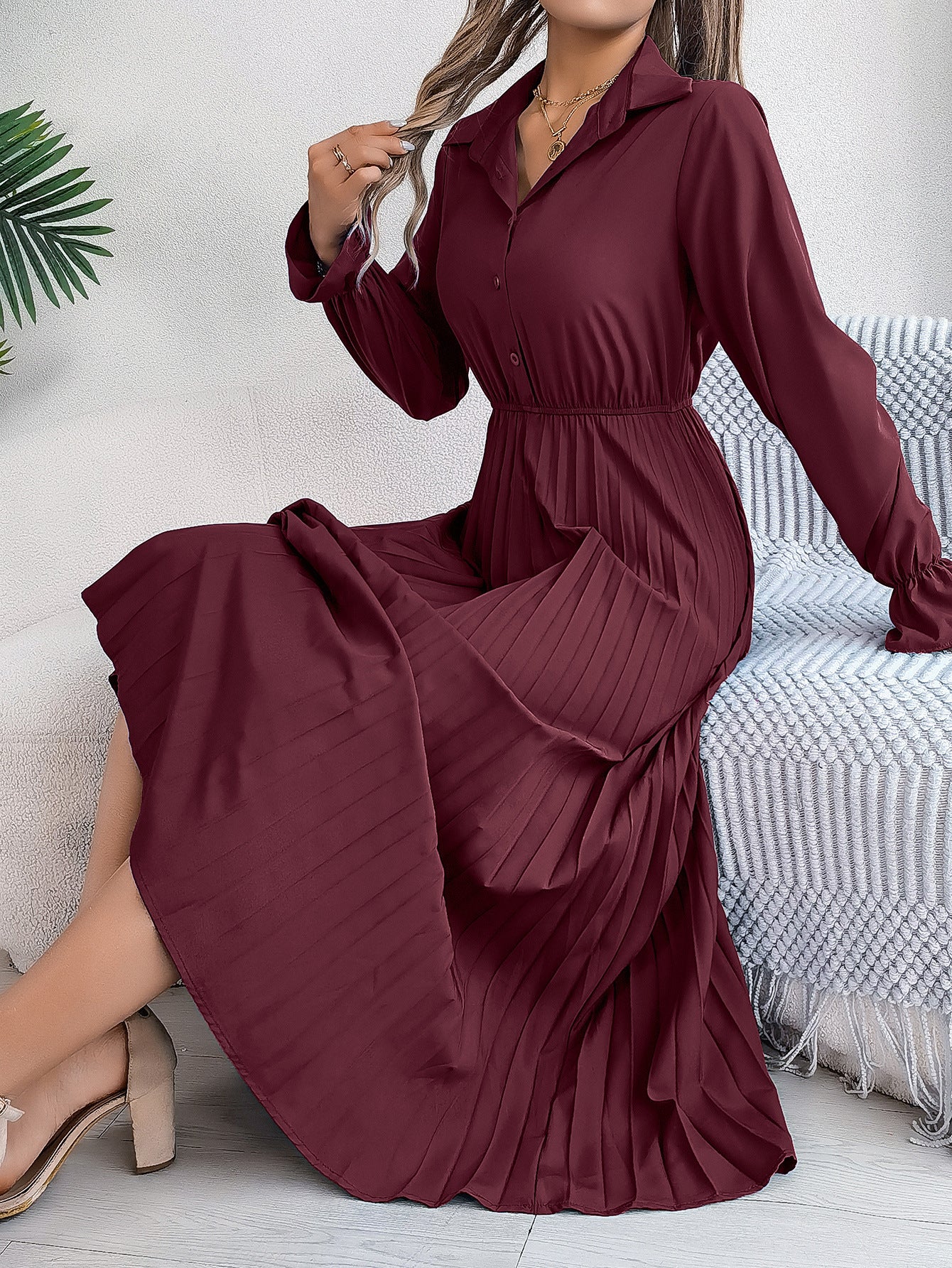 Long Sleeve Cinched Pleated Dress