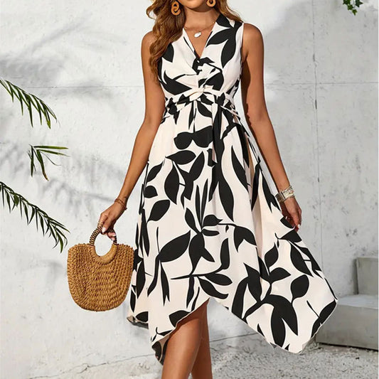 Leaf Print Twist Irregular Dress