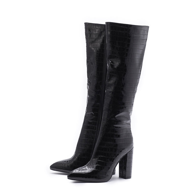 Pointed Toe High Square Heel Mid-Calf Boots