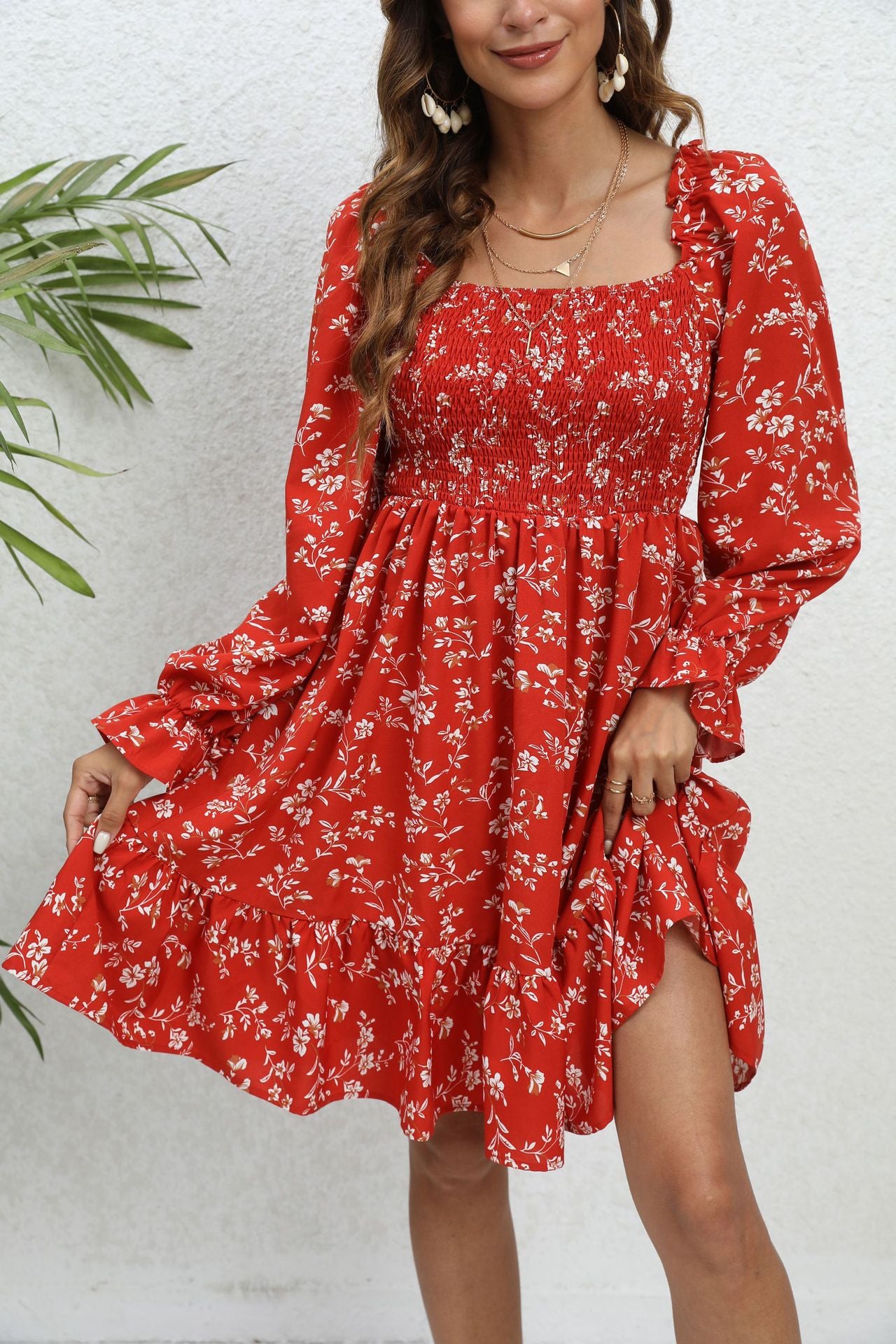 Red Floral Long Sleeve Mid-Length Dress