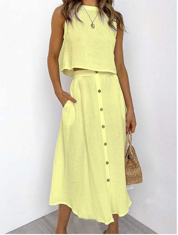 Simple Round Neck Vest Shirt Mid-length Dress Two-piece Suit