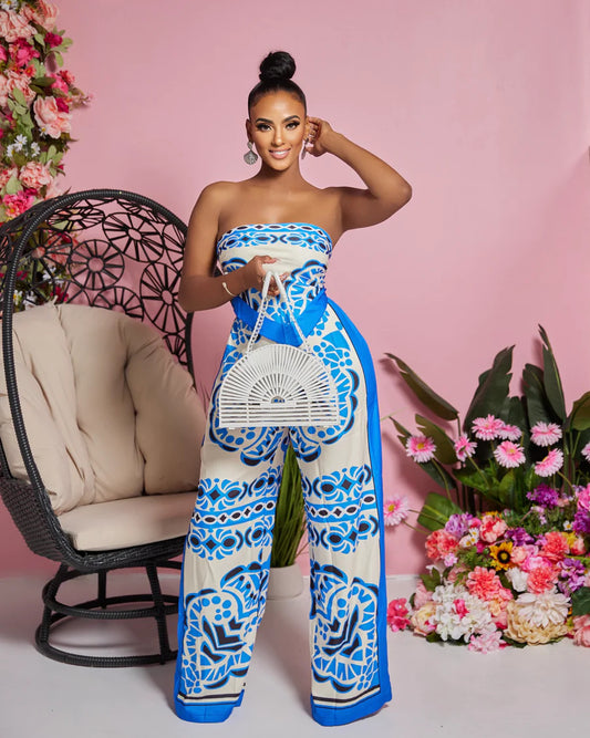 Printed Tube Top Apron Trousers Suit