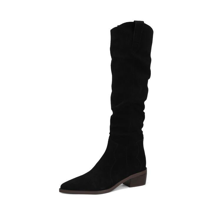 V Cut Knee-high Boots Chunky Heel