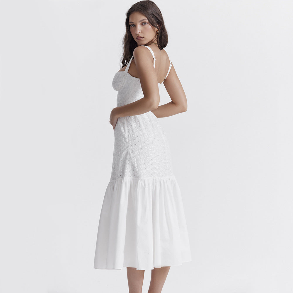 Cotton Linen Jacquard Mid-length White Dress