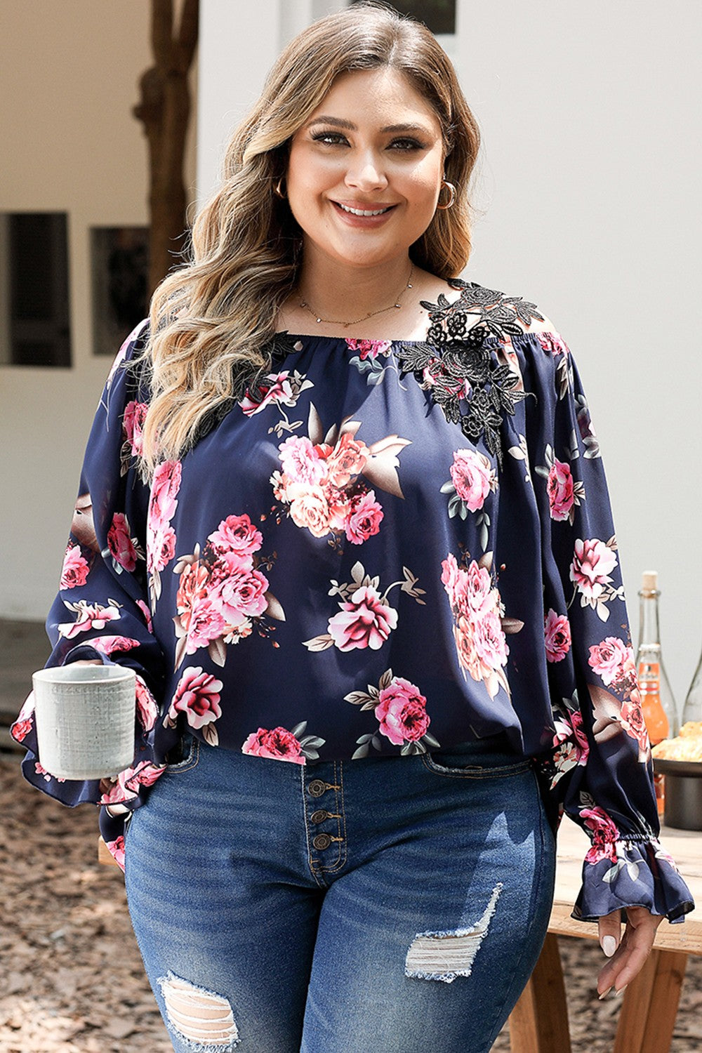 Floral Flounce Sleeve Plus Blouse