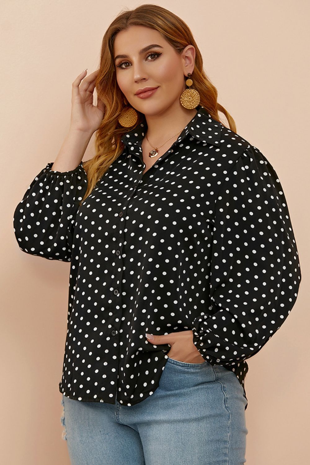 Polka Dot Long Sleeve Plus Shirt