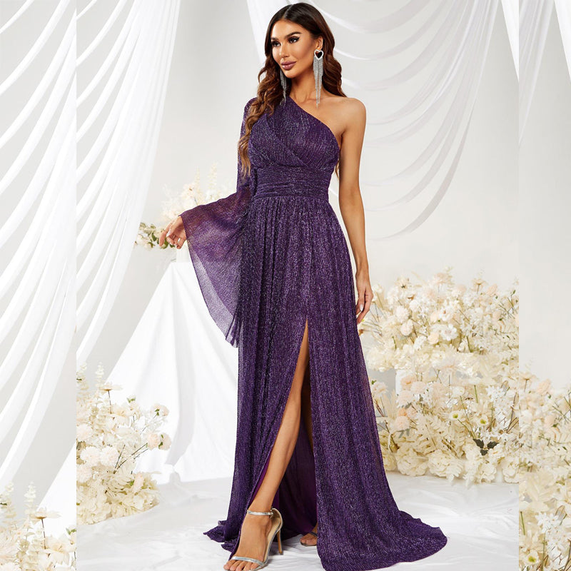 Purple Oblique Shoulder Bright Silk Long Dress