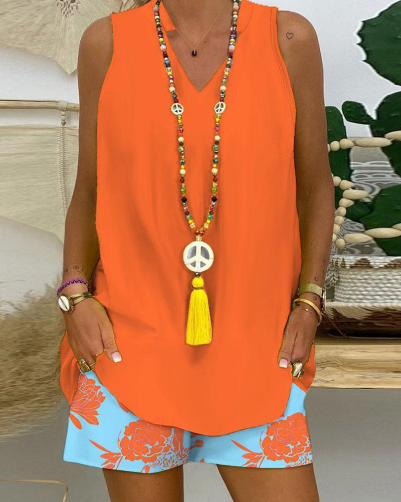 Orange and Light Blue Sleeveless Two-Piece Set