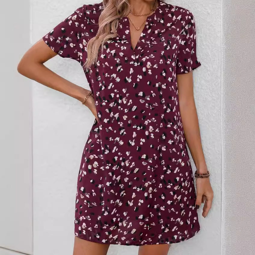 Printed Short-sleeved Mid-length Shirt Dress