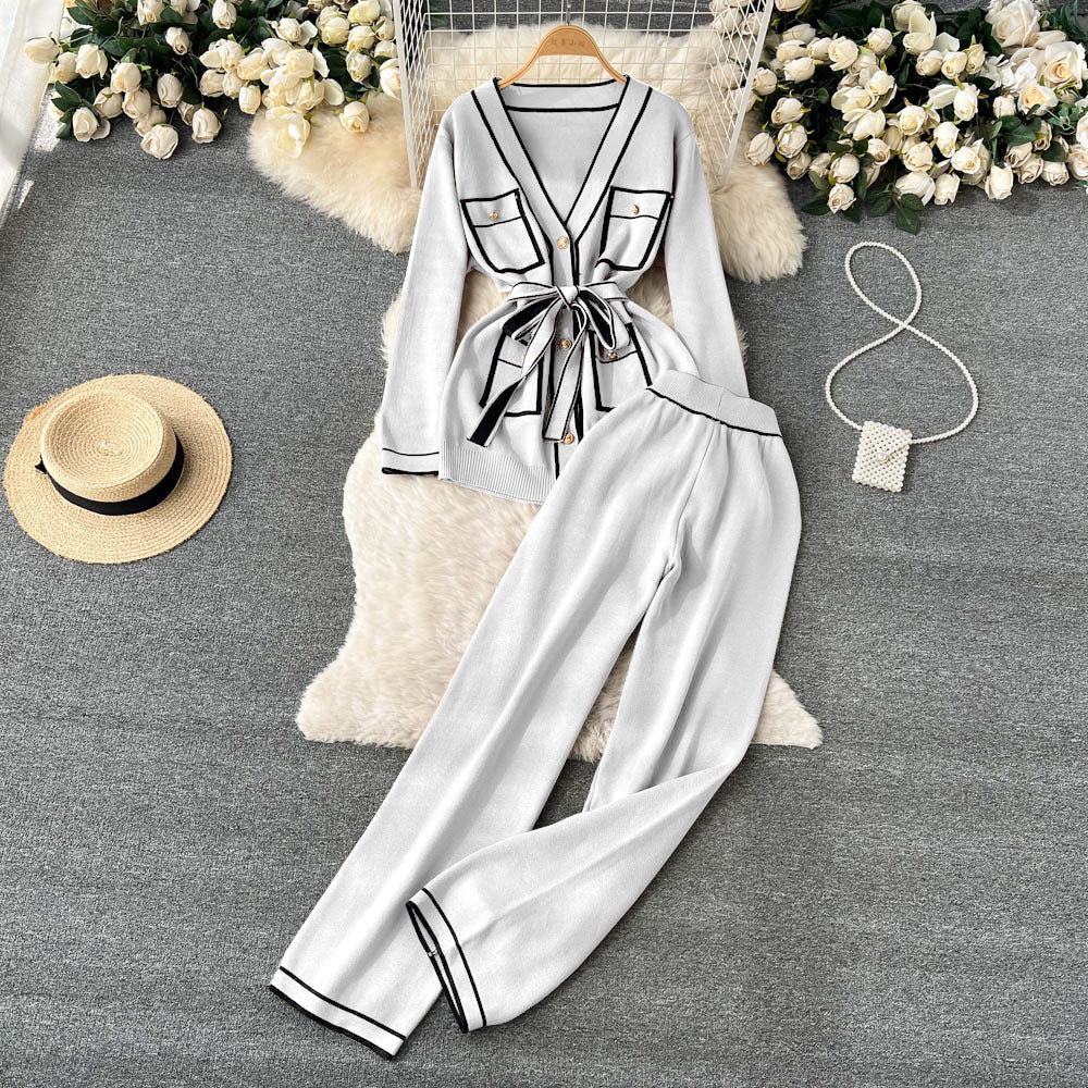 Women's Long Sleeve V-neck Lace-up Knitwear Draping Wide Leg Trousers Two-piece Set