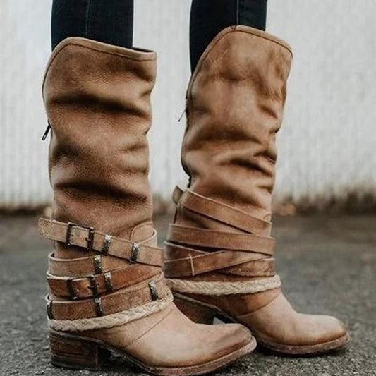 Belt Buckle Thick Heel Middle Boots