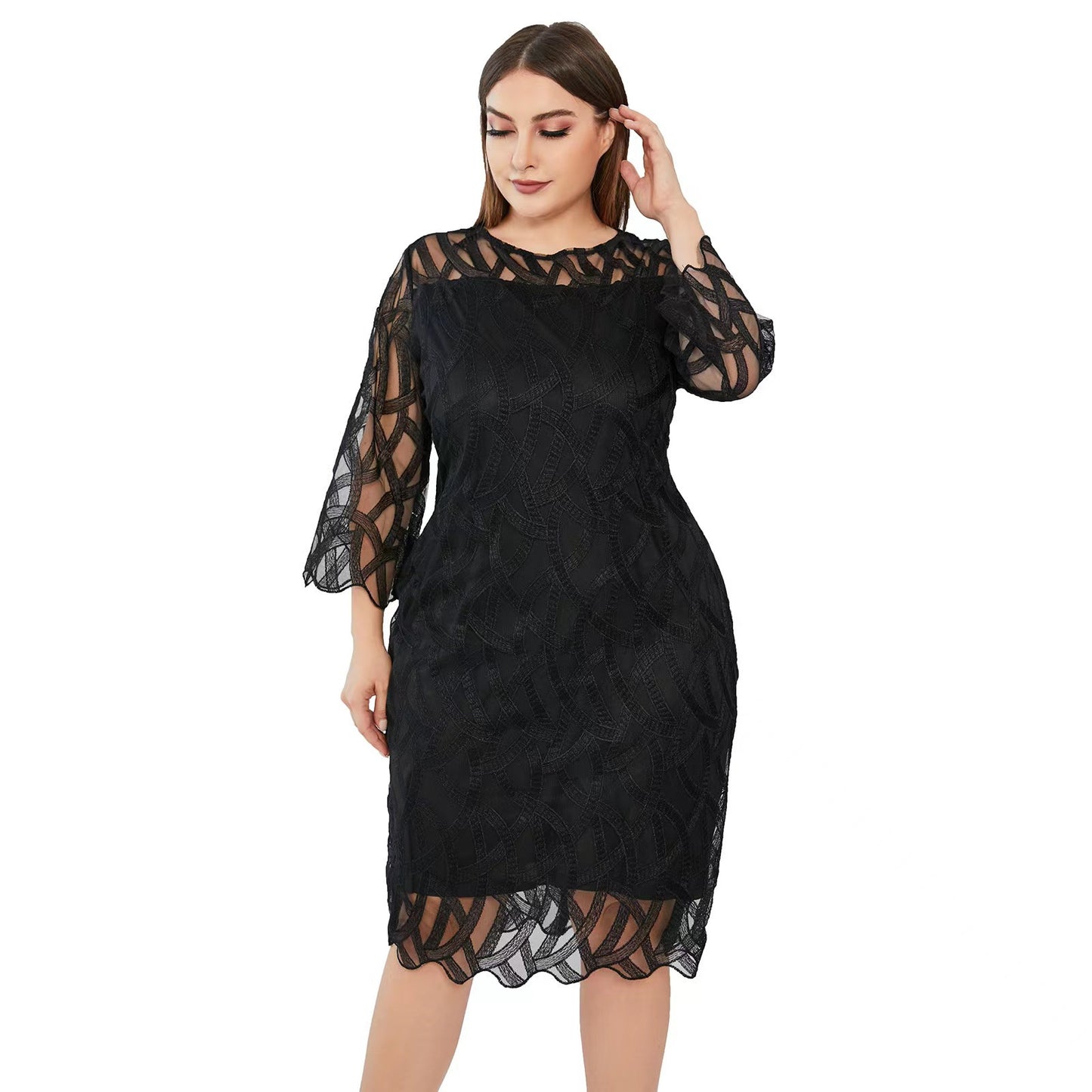 Embroidered Double-layer Solid Color Round Neck Dress