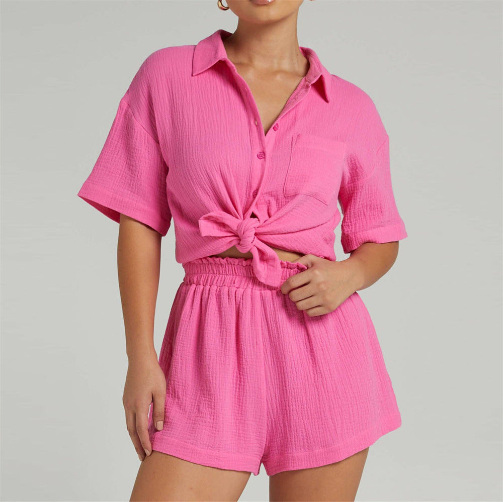 Loose Solid Color Shorts Shirt Two-piece Suit