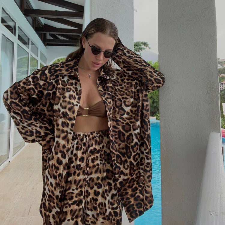 Long Sleeve Leopard Print Printed Two-piece Suit