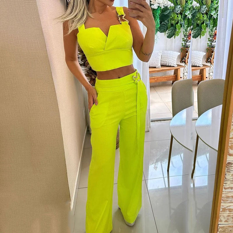 Lime High Waist Wide Leg Pants Suit