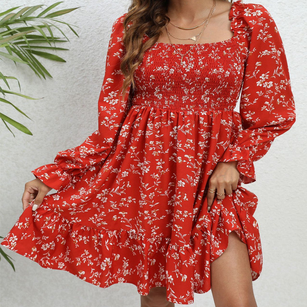 Red Floral Long Sleeve Mid-Length Dress