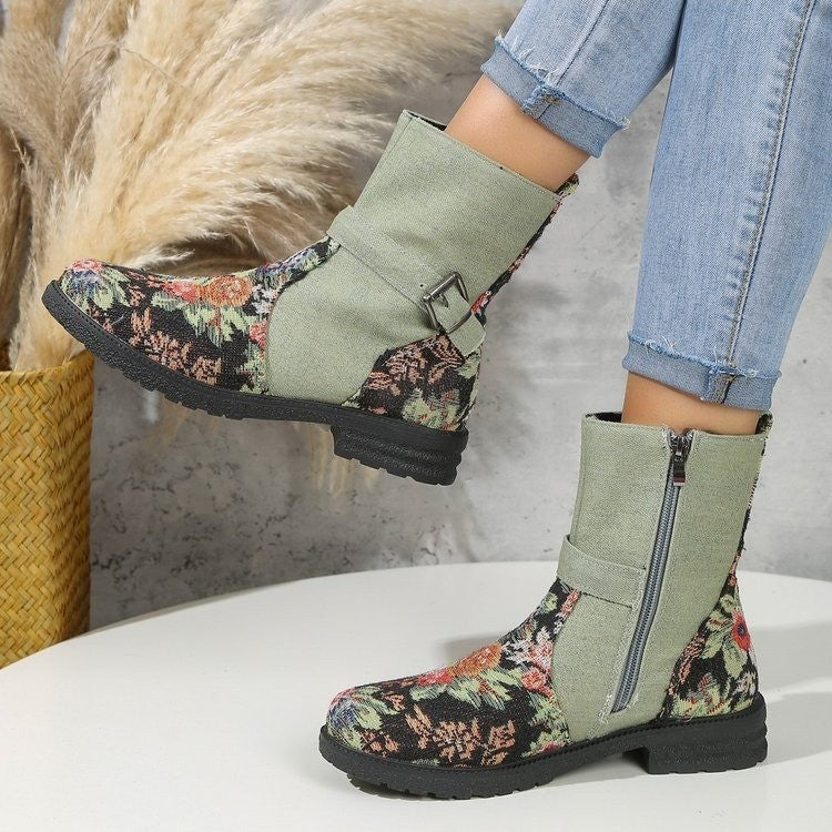 Flowers Print Ankle Boots Women With Belt Buckle