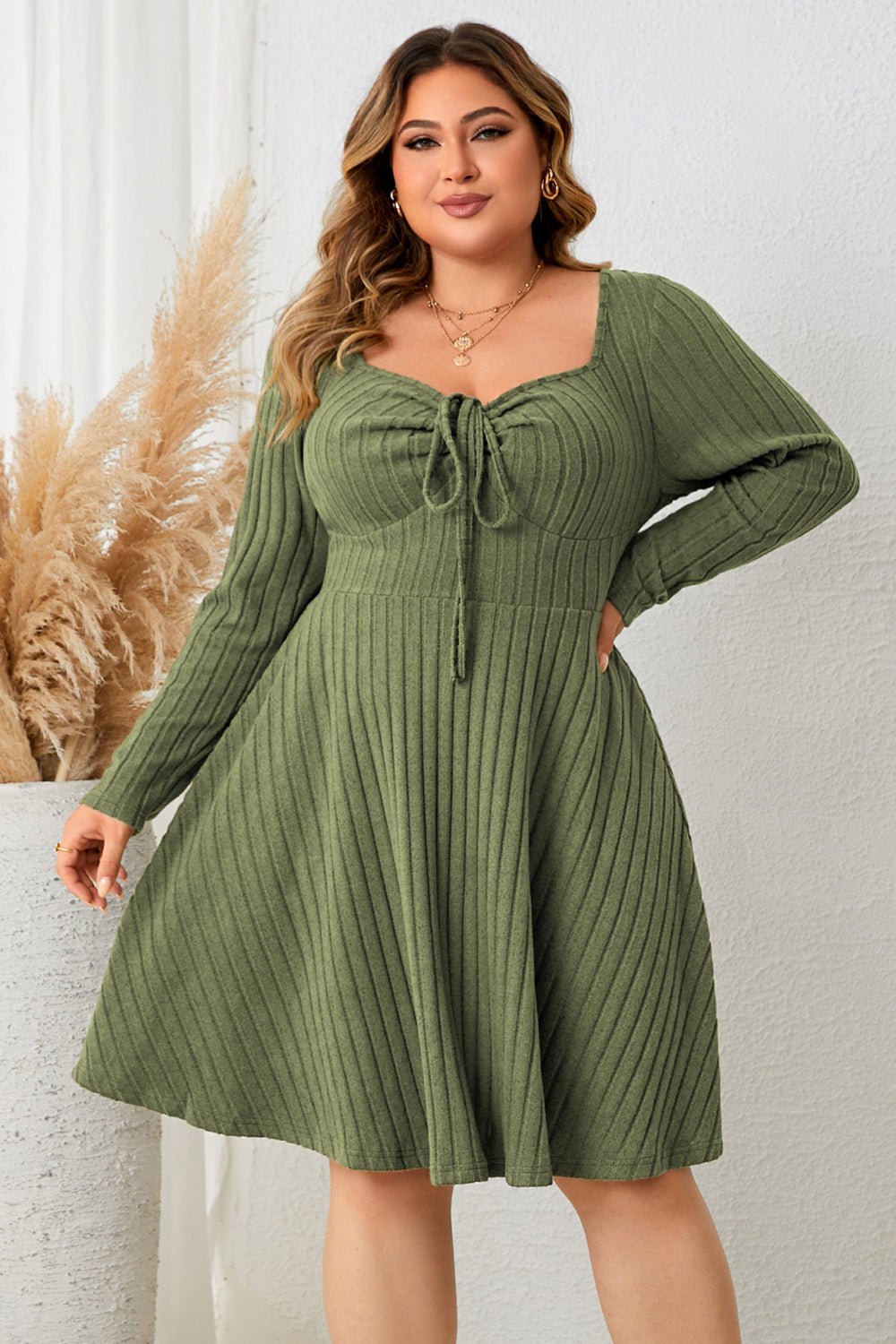 Sweetheart Neck Long Sleeve Ribbed Plus Dress