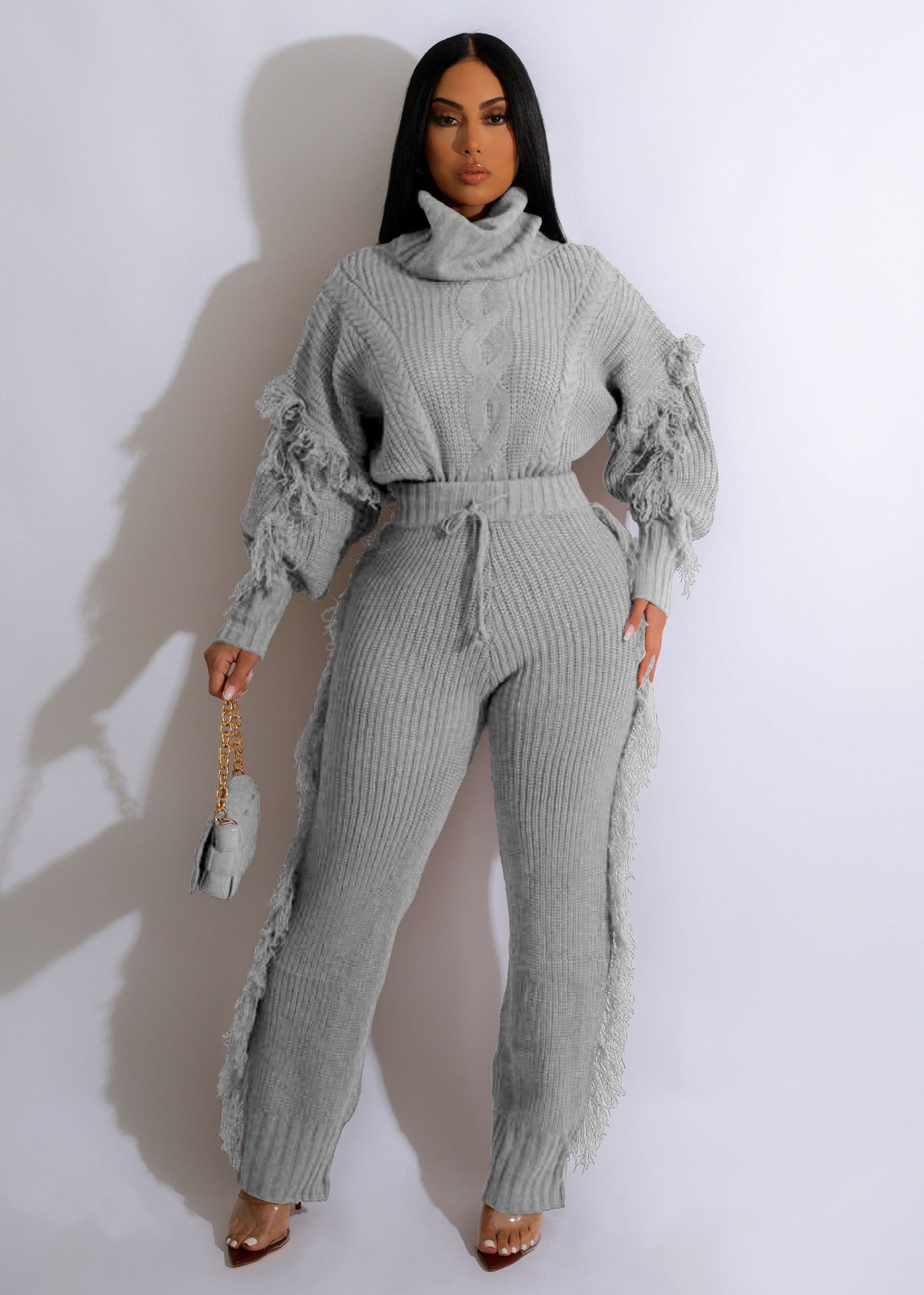 Knitted Long Sleeve Turtleneck Tassel Suit