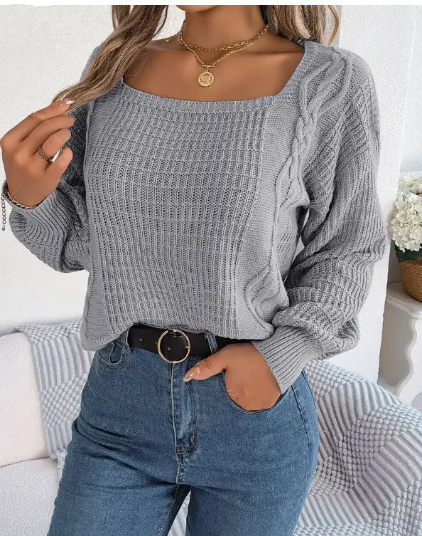 Square Collar Cable-knit Sweater