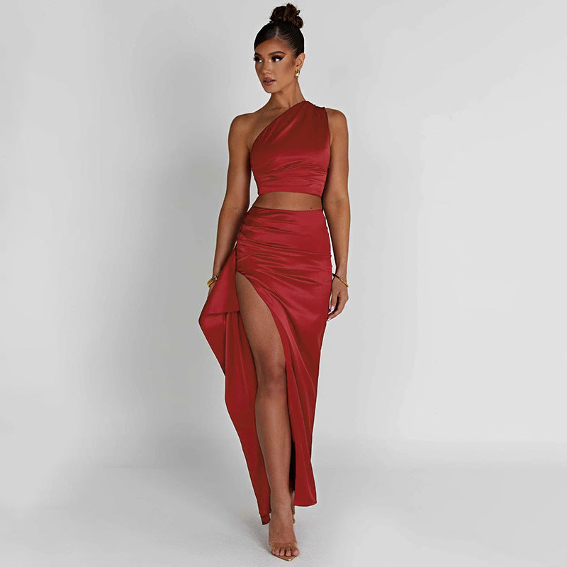 One-shoulder Satin Short Top High Waist Split Maxi Two Piece