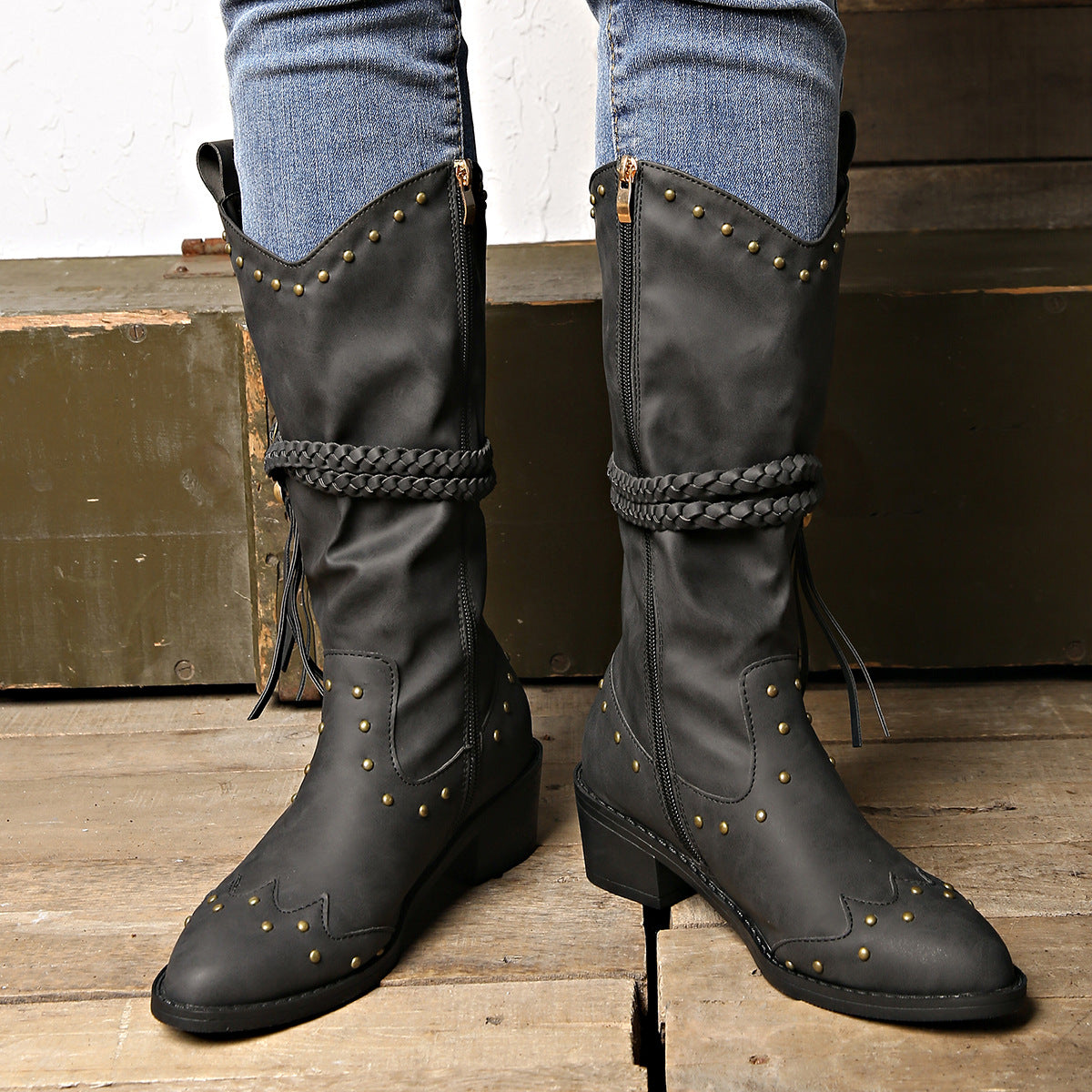 Braided Rope Strap Buckle Boots