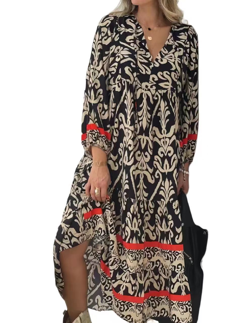 Floral Print Long Sleeve V-neck Dress