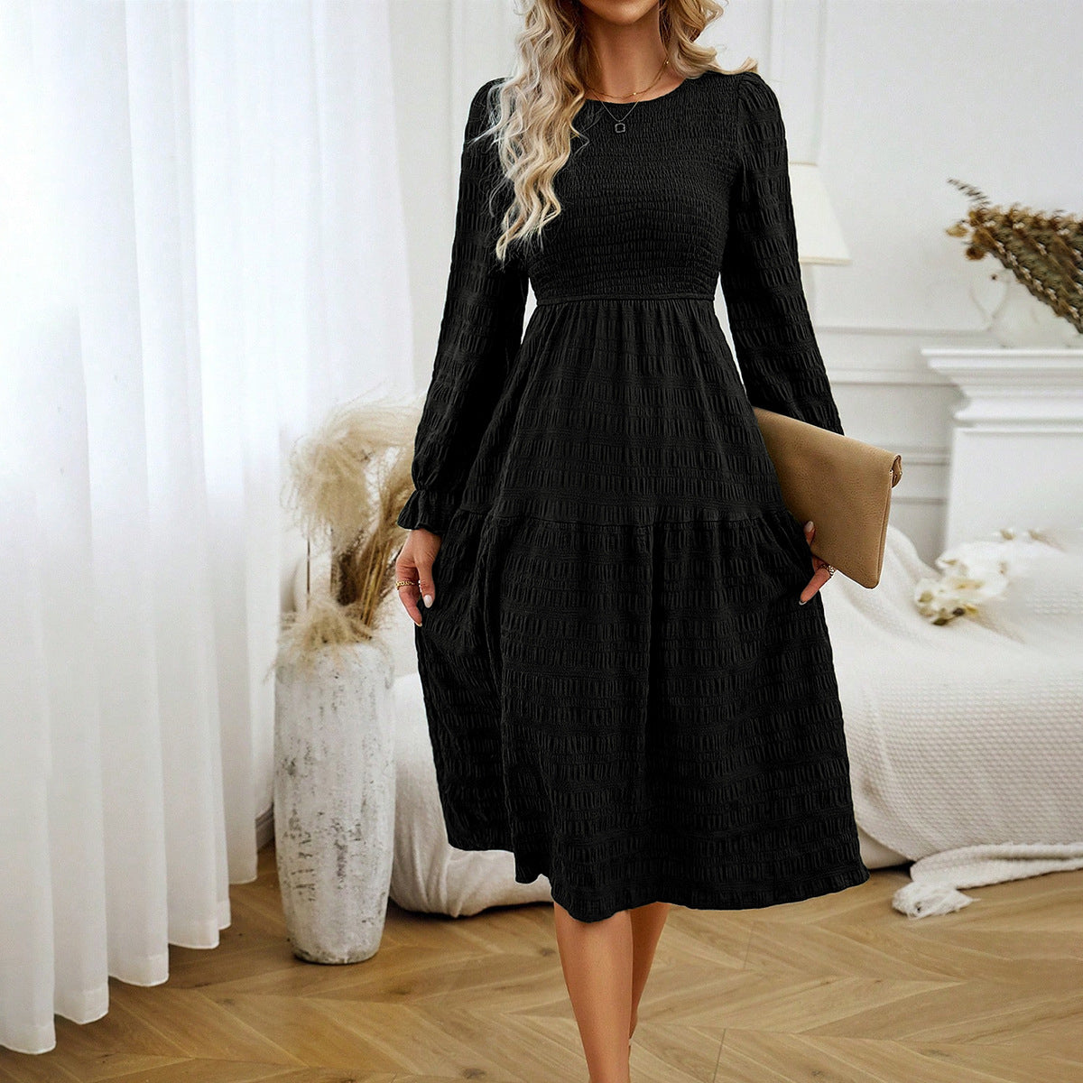 Long Sleeve Solid Color Dress