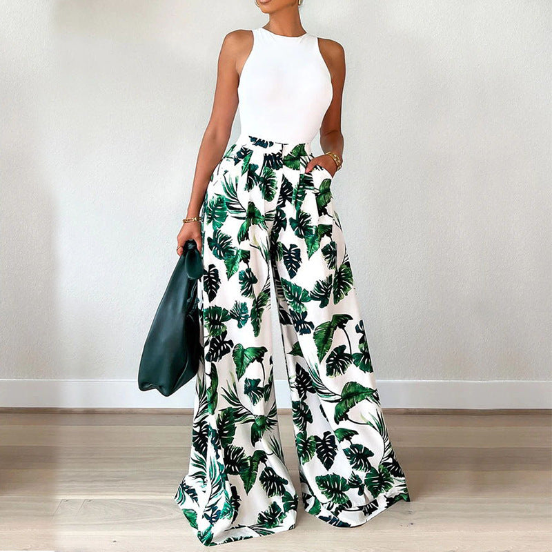 Leafy Loose Long Sleeve Printed Trousers Suit