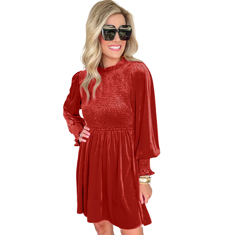 Velvet Smocking Long Sleeve Dress