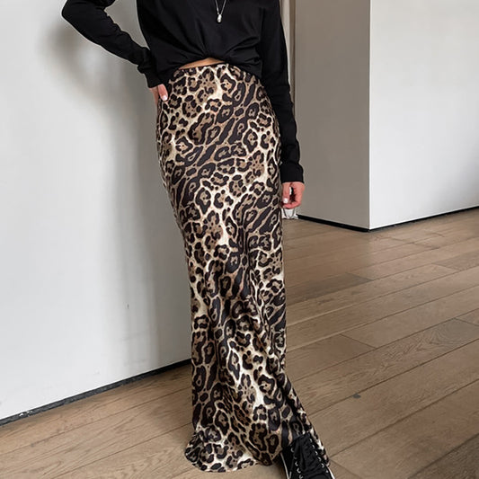 French Leopard Print Versatile High Waisted Skirt