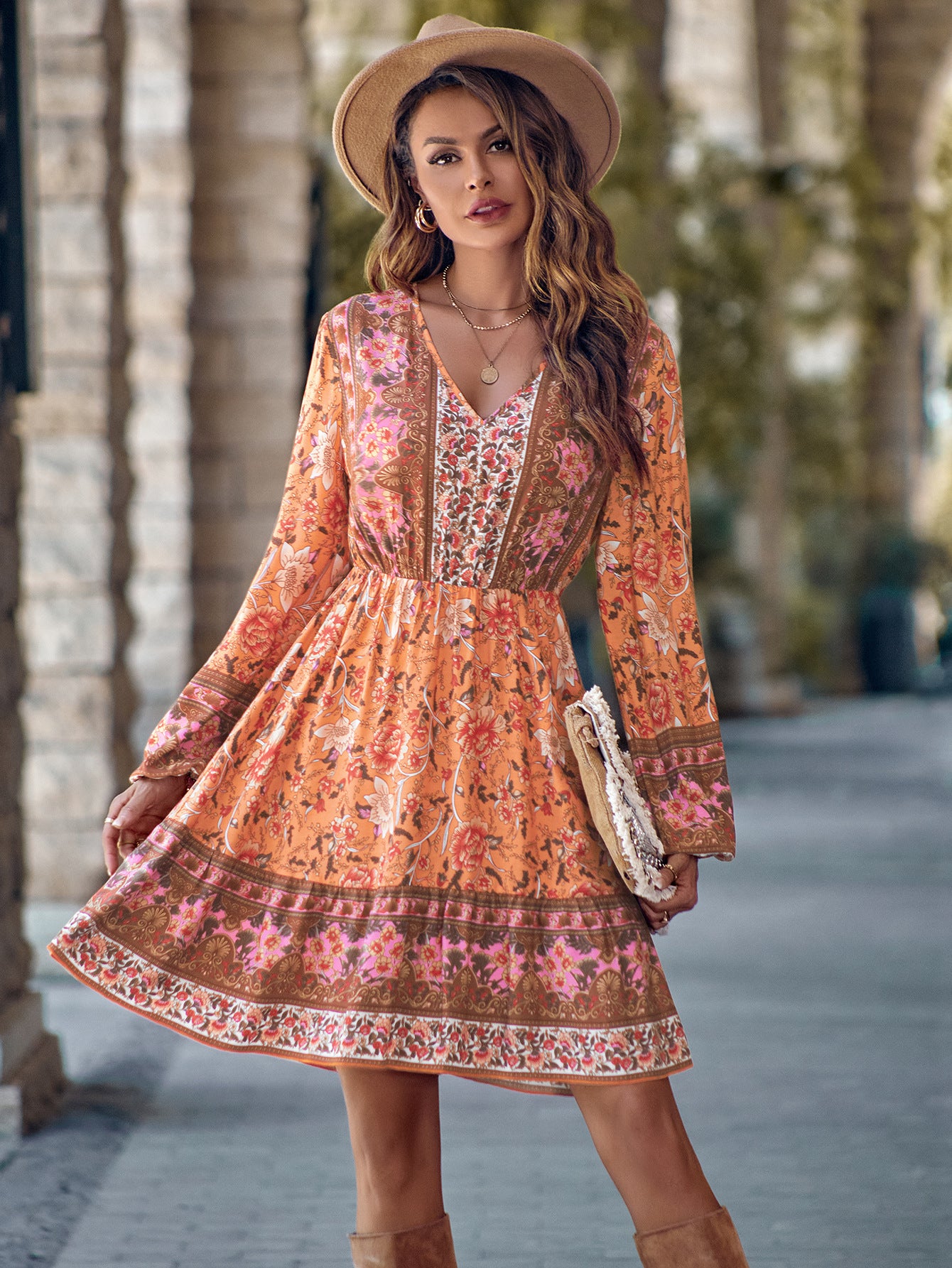 Printed V-neck Long Sleeves Dress