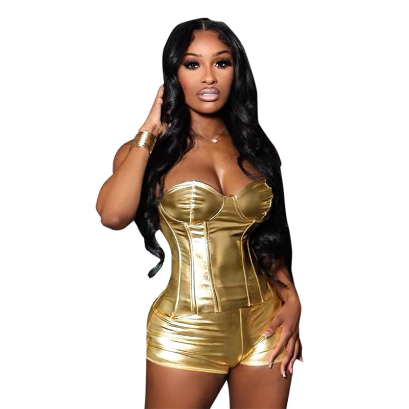 Metallic Body Shaping Tube Top And Shorts Two-piece Set