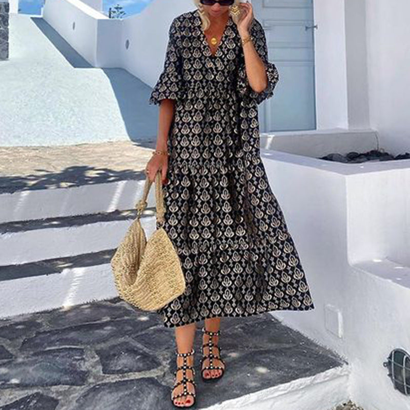 Patterned V-neck Mid-length Dress