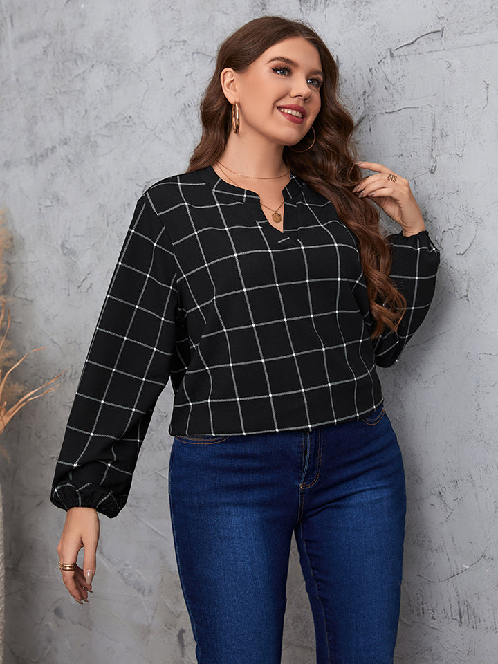 Notched Long Sleeve Plus Blouse