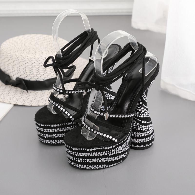 Women's Round Head Rhinestone Thick Ultra-high Heel Sandals