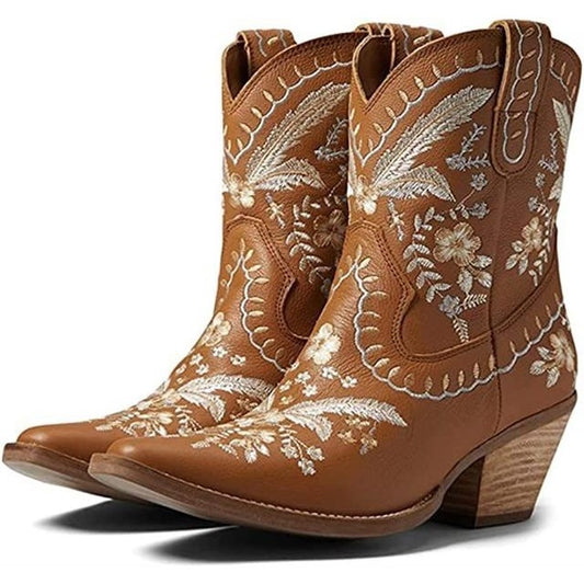 Chunky High Heel Embroidered Boots