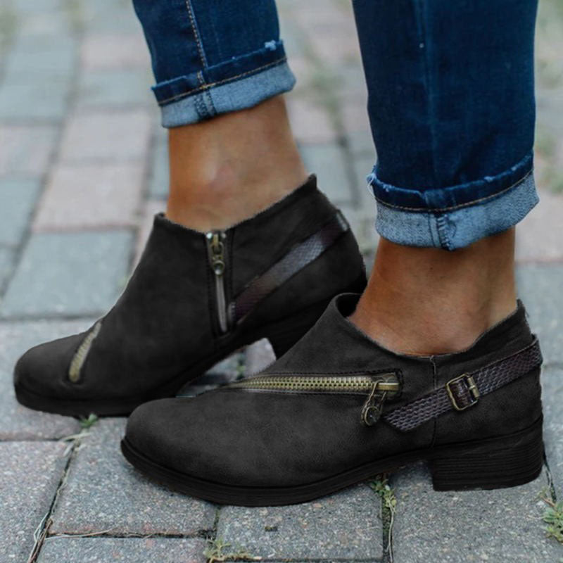 Ankle Boots With Side Zipper Belt Buckle