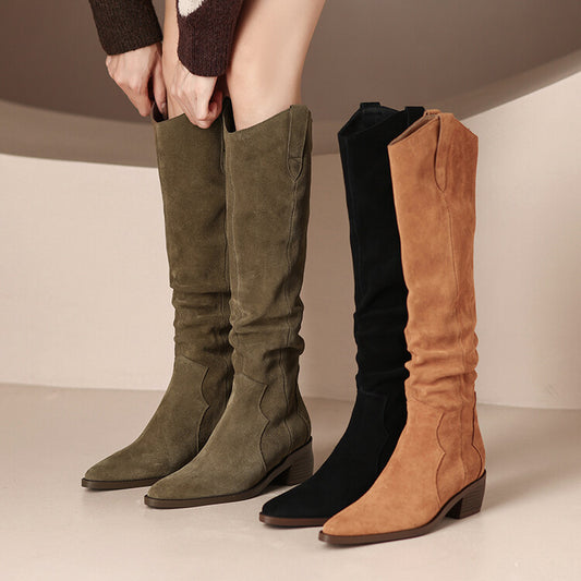 V Cut Knee-high Boots Chunky Heel