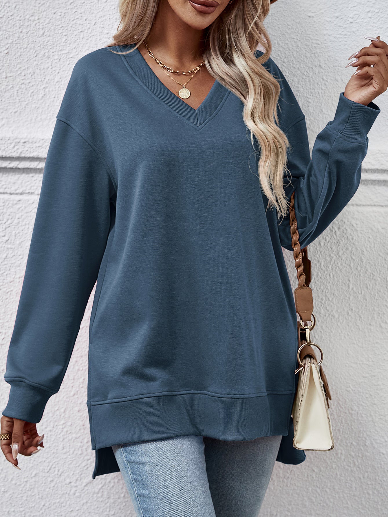 Solid Color And V-neck Sweater