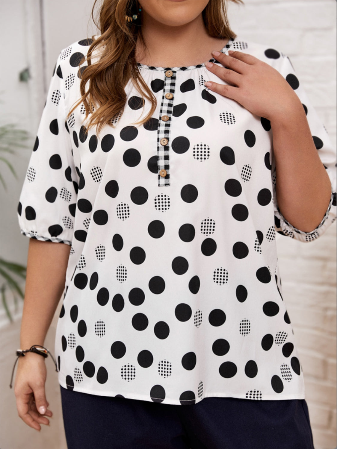 Polka Dot Round Neck Half Sleeve Plus Blouse