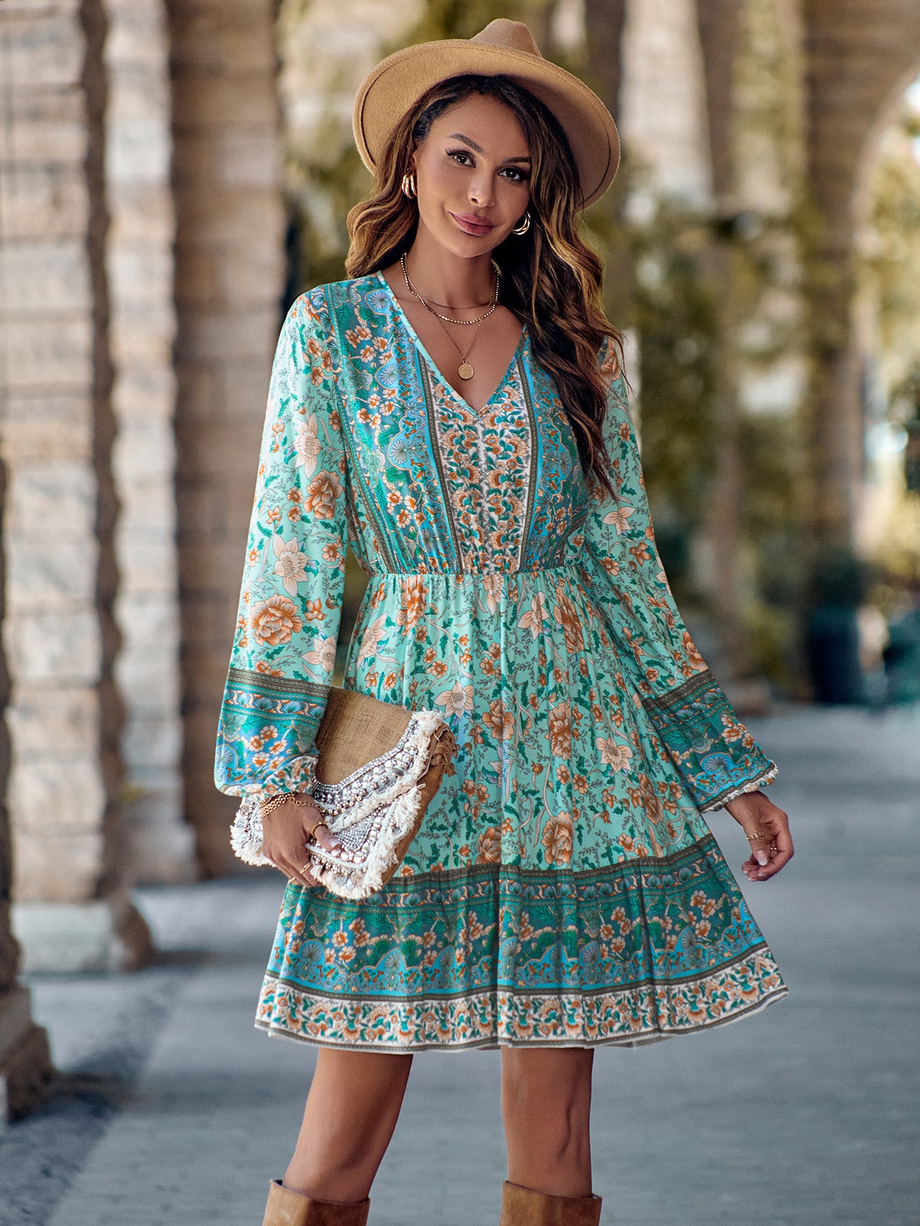 Printed V-neck Long Sleeves Dress