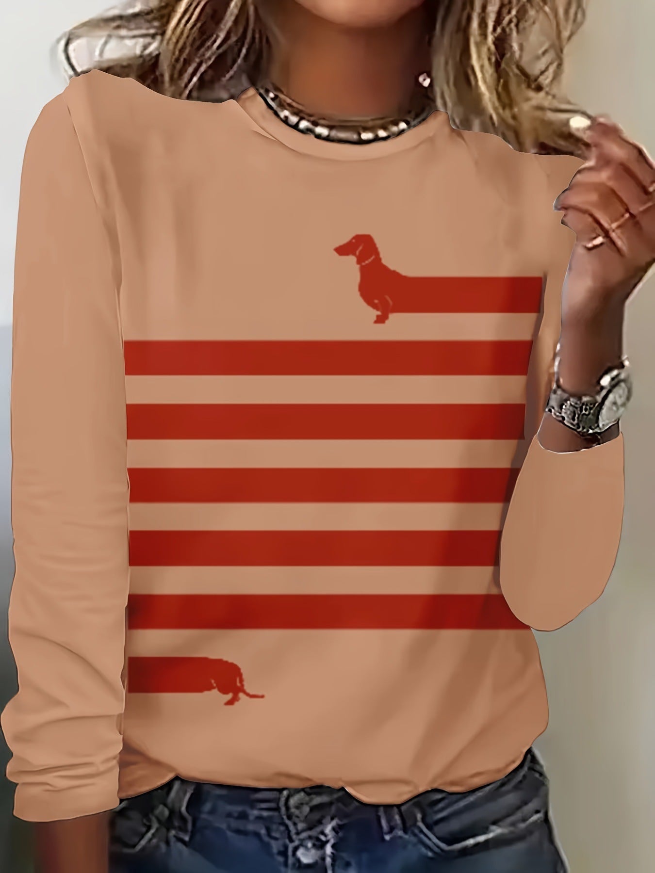 Dog And Striped Printed Round Neck T