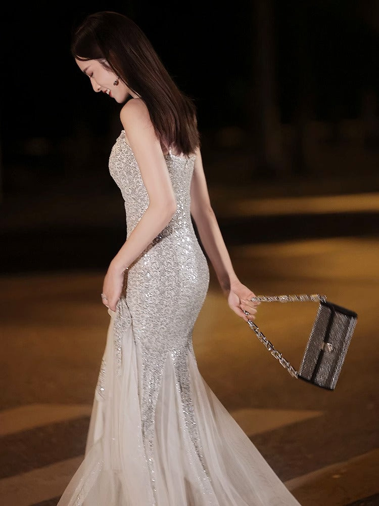 Silver Sequined Fishtail Evening Dress